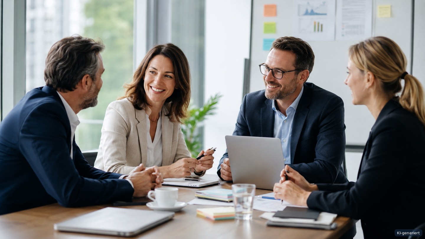 KI-generierte Illustration: Beratungsteam im Gespräch über Marketingstrategie und die Integration von AI in den Arbeitsalltag.