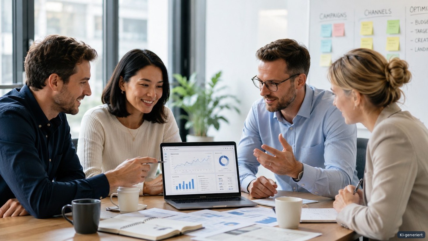 KI-generierte Illustration: Marketing-Team analysiert Kampagnenergebnisse und Optimierungspotenziale.