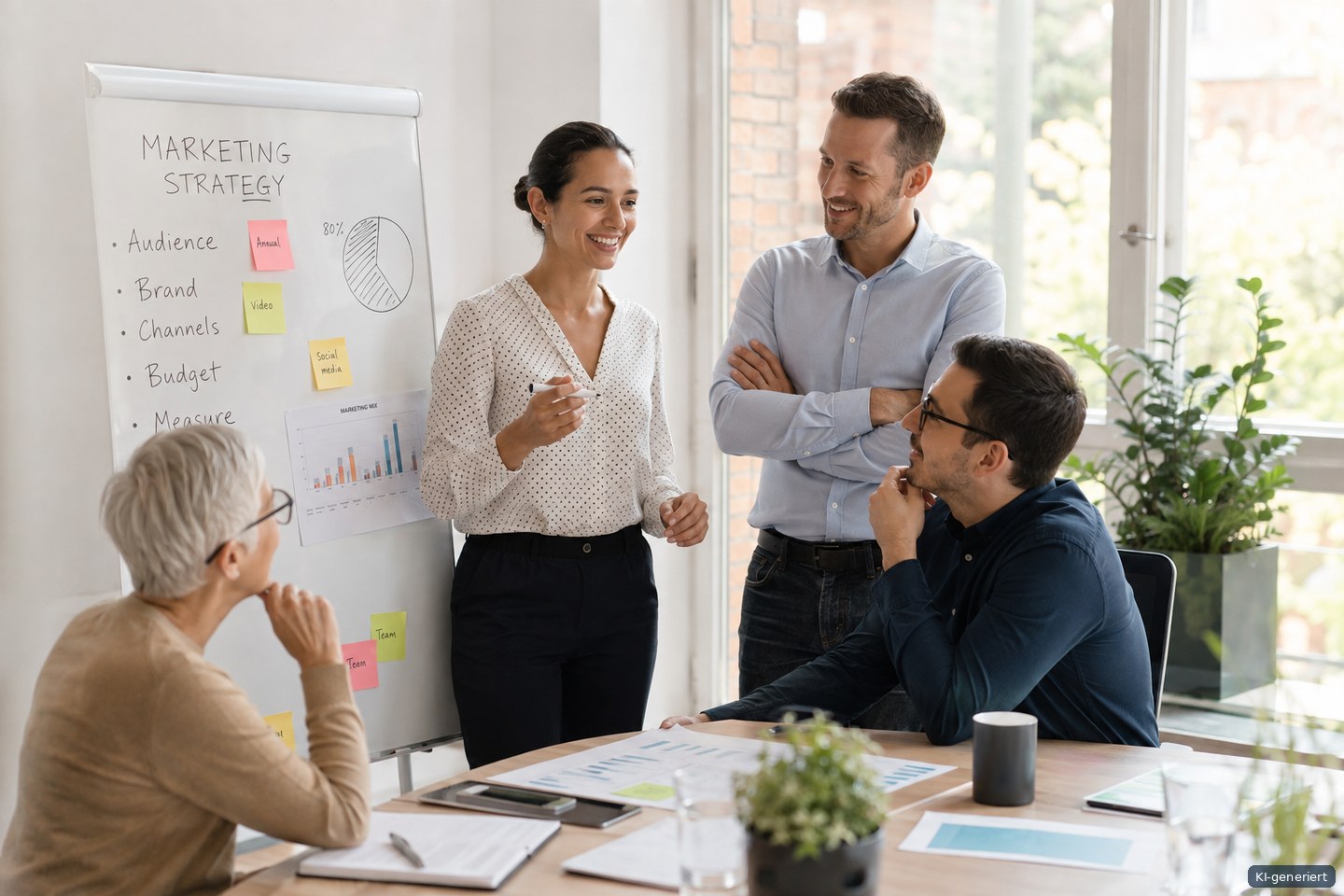 KI-generierte Illustration: Marketing-Team bei einem gemeinsamen Strategie-Workshop